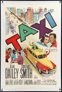2s1215 TAXI linen 1sh 1953 artwork of Dan Dailey & Constance Smith in yellow cab in New York City!