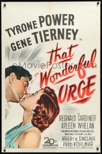 2s1220 THAT WONDERFUL URGE linen 1sh 1949 artwork of Tyrone Power about to kiss sexy Gene Tierney!