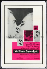 2s1225 THOMAS CROWN AFFAIR linen 1sh 1968 classic kiss close up of Steve McQueen & sexy Faye Dunaway!