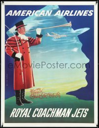 2s0630 AMERICAN AIRLINES linen 30x40 travel poster 1960s Walter Bomar art, Royal Coachman Jets, rare!