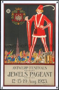 2s0632 ANTWERP FESTIVALS JEWELS PAGEANT linen 25x39 Belgian travel poster 1923 State Railways, rare!