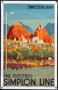 2s0635 ELECTRIC SIMPLON LINE linen 25x40 Swiss travel poster 1934 Otto Baumberger art of Sion, rare!