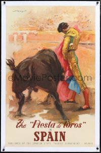 2s0637 FIESTA DE TOROS IN SPAIN linen 25x39 Spanish travel poster 1940s Reus art of matador & bull!