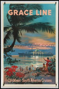 2s0640 GRACE LINE linen 28x43 travel poster 1961 Carl G. Evers art of cruise ship in the Caribbean!