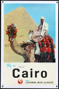 2s0641 JAPAN AIR LINES CAIRO linen 25x39 Japanese travel poster 1960s man on camel by pyramid, rare!
