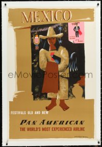 2s0646 PAN AMERICAN MEXICO linen 28x42 travel poster 1950s Kauffer art, Festivals Old and New, rare!