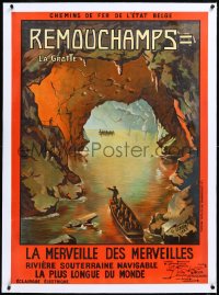 2s0648 REMOUCHAMPS linen 30x41 Belgian travel poster 1923 O. Lieder art of underground river in caves!