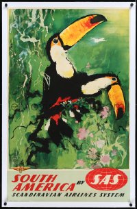 2s0653 SAS SOUTH AMERICA linen 25x39 Danish travel poster 1950s art of toucans by Otto Nielsen!