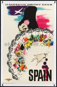 2s0654 SAS SPAIN linen 25x39 Danish travel poster 1950s wonderful Otto Nielson art of woman w/fan!