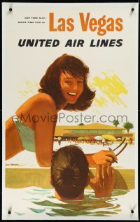 2s0656 UNITED AIR LINES LAS VEGAS linen 25x41 travel poster 1960s Galli art of couple at resort, rare!