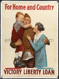 2s0616 FOR HOME & COUNTRY linen 30x40 WWI war poster 1918 Alfred Everitt Orr art of reunited family!