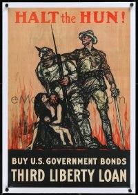 2s0617 HALT THE HUN linen 20x30 WWI war poster 1918 striking Raleigh art of U.S. soldier saving woman!