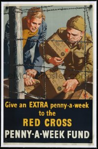 2s0621 PENNY-A-WEEK FUND linen 19x30 English WWII war poster 1940s Upton Red Cross art, ultra rare!