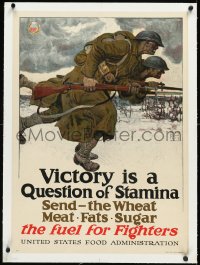 2s0626 VICTORY IS A QUESTION OF STAMINA linen 21x29 WWI war poster 1917 Dunn art of charging soldiers!
