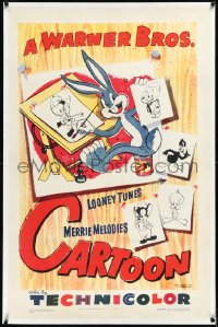 2s1249 WARNER BROS CARTOON linen 1sh 1952 Bugs Bunny drawing Daffy Duck, Porky Pig, Elmer & more!