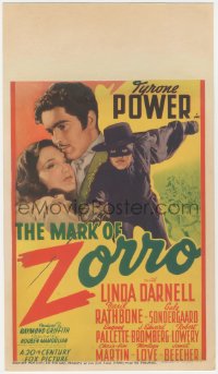 2s0137 MARK OF ZORRO mini WC 1940 great image of masked hero Tyrone Power & Linda Darnell, rare!