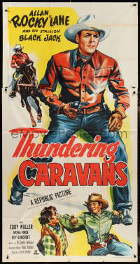 2t0729 THUNDERING CARAVANS 3sh 1952 great artwork of cowboy Rocky Lane w/smoking gun & Black Jack!