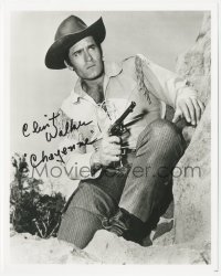 2t1653 CLINT WALKER signed 8x10 REPRO photo 1980s great c/u in buckskin pointing gun from Cheyenne!