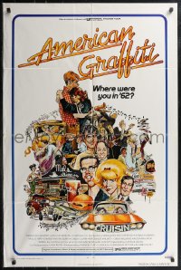 2t0987 AMERICAN GRAFFITI 1sh 1973 George Lucas teen classic, Mort Drucker montage art of cast!