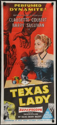 2t0666 TEXAS LADY Aust daybill 1955 art of perfumed dynamite Claudette Colbert gambling!