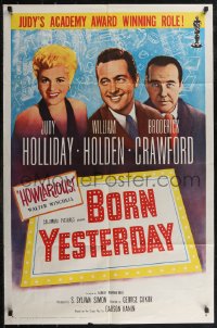 2t1008 BORN YESTERDAY 1sh R1961 headshots of Judy Holliday, William Holden & Broderick Crawford!