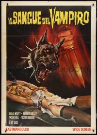 2t0588 BLOOD OF THE VAMPIRE Italian 1p R1960s cool different Casaro art of monster dog & bound woman!