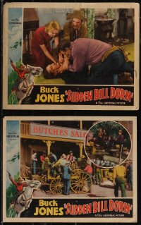 2t1456 SUDDEN BILL DORN 2 LCs 1937 Buck Jones choking man on ground, saloon scene, cool border art!