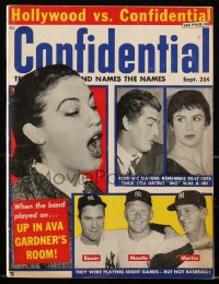 2t0869 CONFIDENTIAL magazine September 1957 Victor Mature dated a man, New York Yankees misbehaving!