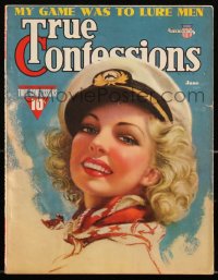 2t0974 TRUE CONFESSIONS magazine June 1941 artwork of sexy blonde in ship captain's hat!