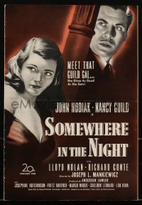 2t0399 SOMEWHERE IN THE NIGHT pressbook 1946 John Hodiak, Nancy Guild, cool film noir artwork!
