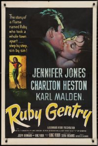2t1146 RUBY GENTRY 1sh 1953 art of bad girl Jennifer Jones full-length & kissing Charlton Heston!