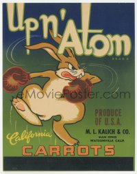 2t1567 UP N' ATOM 7x9 crate label 1950s great art of cartoon rabbit wearing boxing gloves!