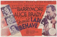 2t1530 SHOULD LADIES BEHAVE herald 1933 Lionel Barrymore, three women couldn't say no, ultra rare!