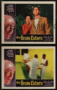 2t1409 BRAIN EATERS 6 LCs 1958 AIP sci-fi, classic border art of girl's brain exploding!