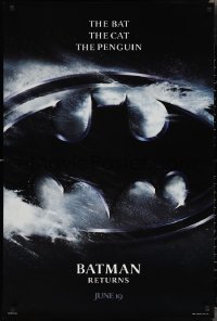 2w0829 BATMAN RETURNS teaser 1sh 1992 Burton, Keaton, The Bat, The Cat, The Penguin, logo design!