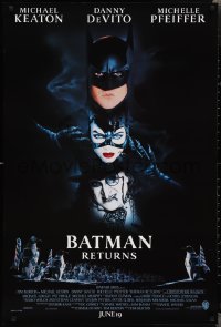 2w0830 BATMAN RETURNS int'l advance 1sh 1992 Burton, Keaton, DeVito, Pfeiffer, cool white date design!