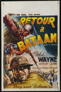 2w0341 BACK TO BATAAN Belgian R1950s art of John Wayne & Anthony Quinn in World War II!