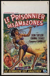 2w0347 LOVE-SLAVES OF THE AMAZONS Belgian 1957 art of sexy barely-dressed native throwing spear!