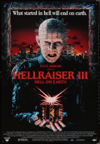 2w0735 HELLRAISER III: HELL ON EARTH 27x39 video poster 1992 Clive Barker, Pinhead holding cube!
