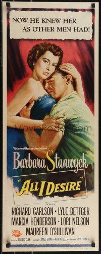 2w0776 ALL I DESIRE insert 1953 close up art of Richard Carlson & Barbara Stanwyck embracing!