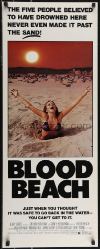 2w0779 BLOOD BEACH insert 1981 Jaws parody tagline, image of sexy girl in bikini sinking in sand!