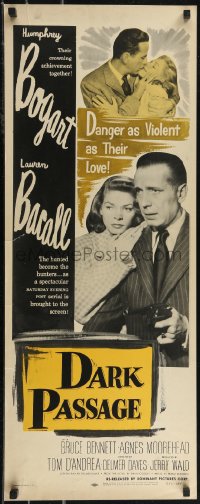 2w0783 DARK PASSAGE insert R1956 great close up of Humphrey Bogart with gun & sexy Lauren Bacall!