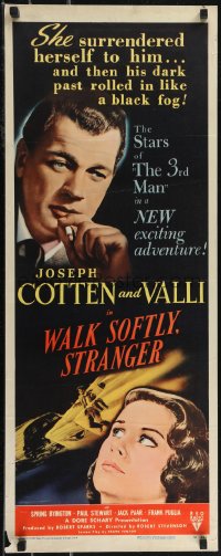 2w0802 WALK SOFTLY STRANGER insert 1950 art of Joseph Cotten & pretty Alida Valli, film noir!