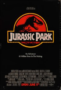 2w0990 JURASSIC PARK advance DS 1sh 1993 Steven Spielberg, classic logo with T-Rex over red background