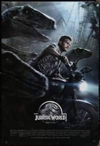 2w0992 JURASSIC WORLD DS 1sh 2015 Jurassic Park, Chris Pratt on motorcycle w/trained raptors!