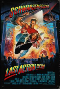 2w1000 LAST ACTION HERO 1sh 1993 cool Morgan art of Arnold Schwarzenegger crashing through screen!