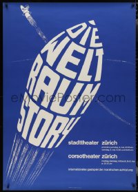 2w0028 DIE WELTRAUM STORY 36x51 Swiss stage poster 1960s astronaut on a rocket & rocket title art!