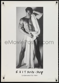 2w0131 EXIT BODY-SHOP 23x33 Swiss advertising poster 1990s nude dude w/ sheet held over his body!