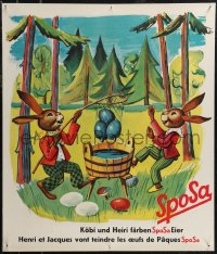 2w0135 SPOSA 24x28 Swiss advertising poster 1950s cool art of two happy rabbits dying eggs!