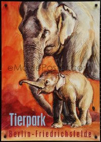 2w0173 TIERPARK BERLIN 24x33 German special poster 2002 art of Asian elephant and baby, ultra rare!